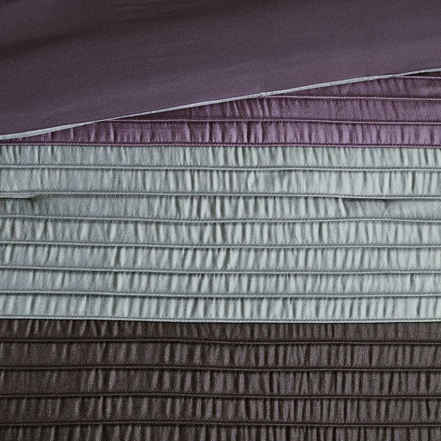 Queen Size 7 Piece Bed In A Bag Comforter Set Faux Silk Purple Gray Stripes - beddingbag.com