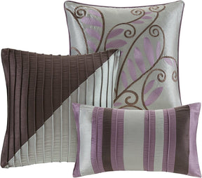 Queen Size 7 Piece Bed In A Bag Comforter Set Faux Silk Purple Gray Stripes - beddingbag.com