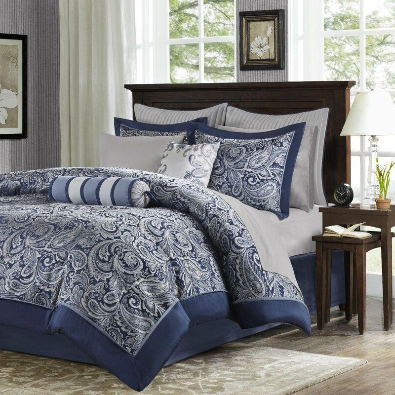 King size 12-piece Reversible Cotton Comforter Set in Navy Blue and White - beddingbag.com