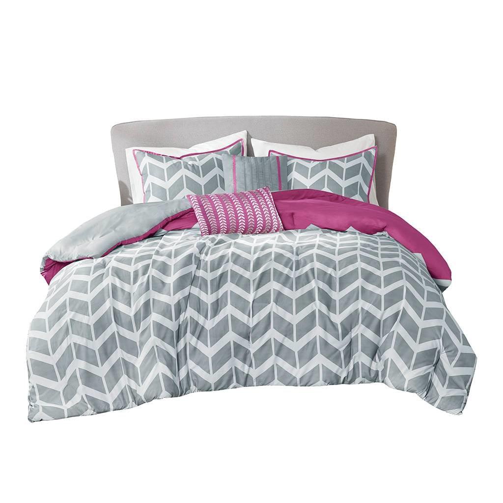Twin Reversible Comforter Set with Grey White Purple Pink Chevron Pattern - beddingbag.com