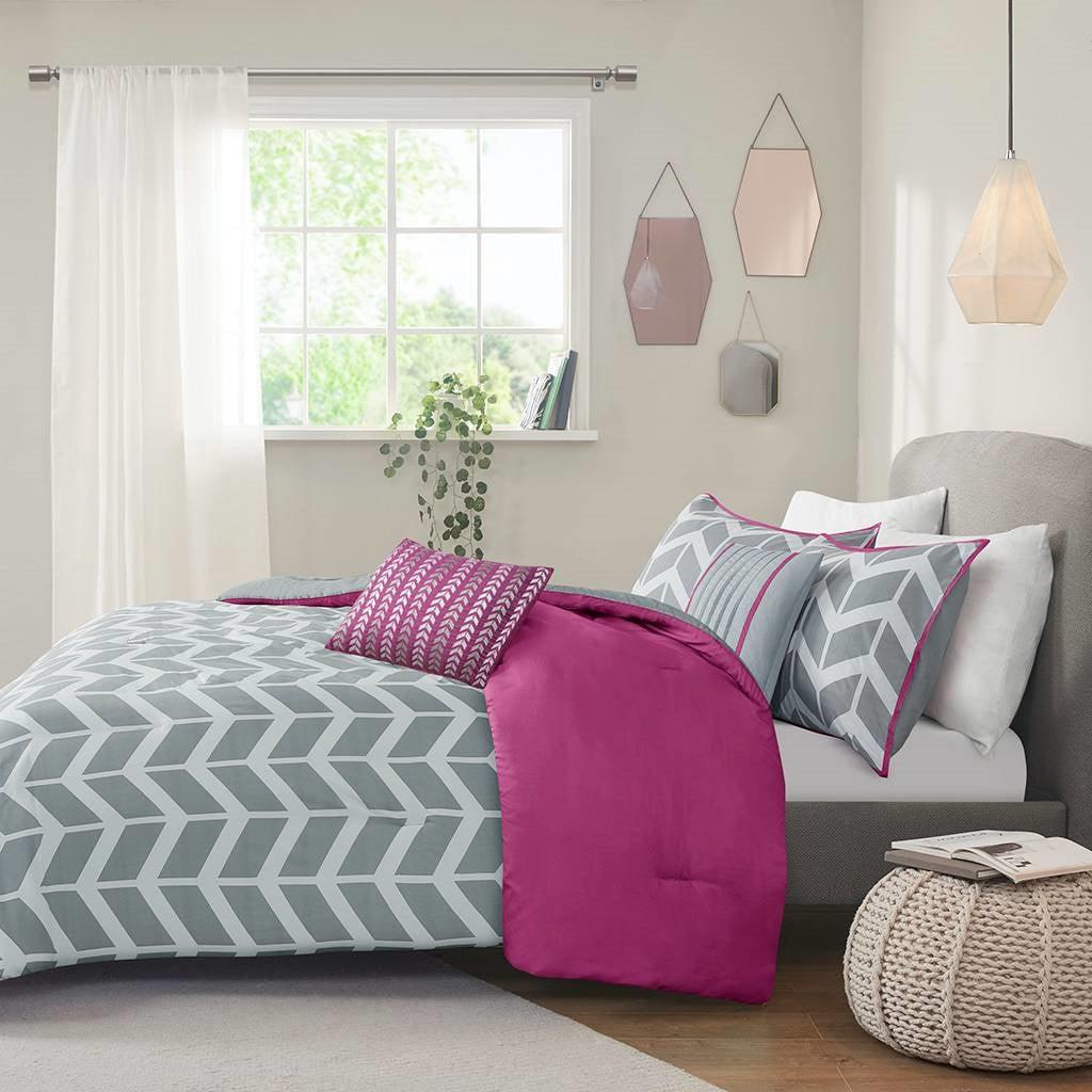 Twin Reversible Comforter Set with Grey White Purple Pink Chevron Pattern - beddingbag.com