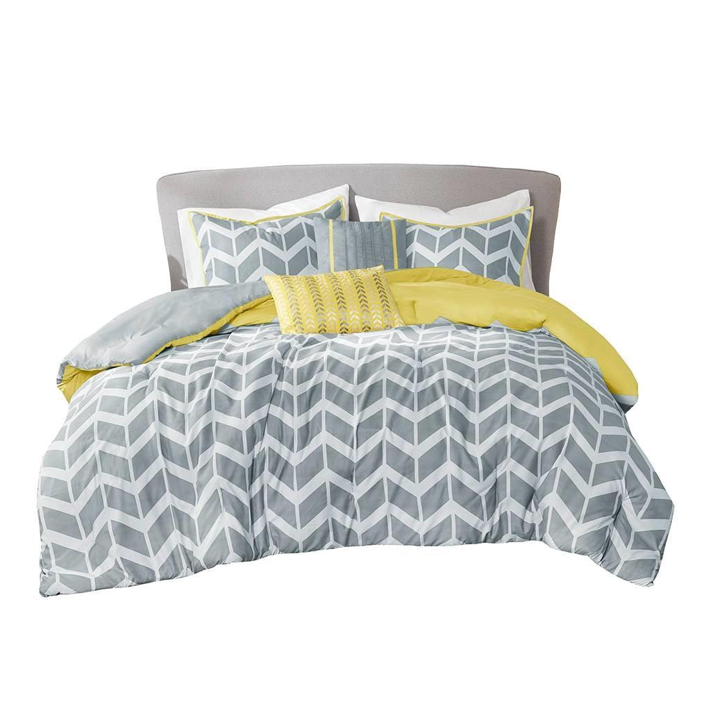 Full / Queen size Reversible Comforter Set in Grey White Yellow Chevron Stripe - beddingbag.com