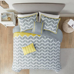 Twin / Twin XL Reversible Comforter Set in Grey White Yellow Chevron Stripe - beddingbag.com