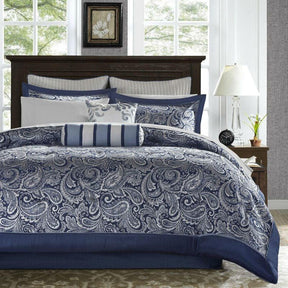 California King 12-piece Reversible Cotton Comforter Set in Navy Blue and White