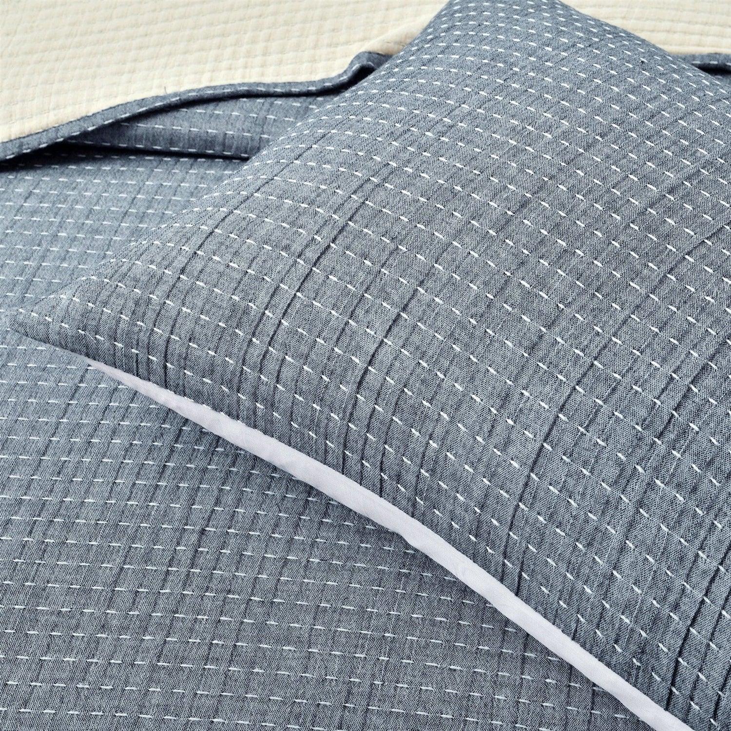 Full/Queen Size 3-Piece Reversible Woven Cotton Quilt Set in Navy Cream - beddingbag.com