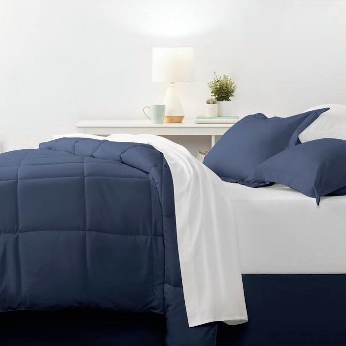 Queen Navy Microfiber Baffle-Box 6-Piece Reversible Bed-in-a-Bag Comforter Set - beddingbag.com