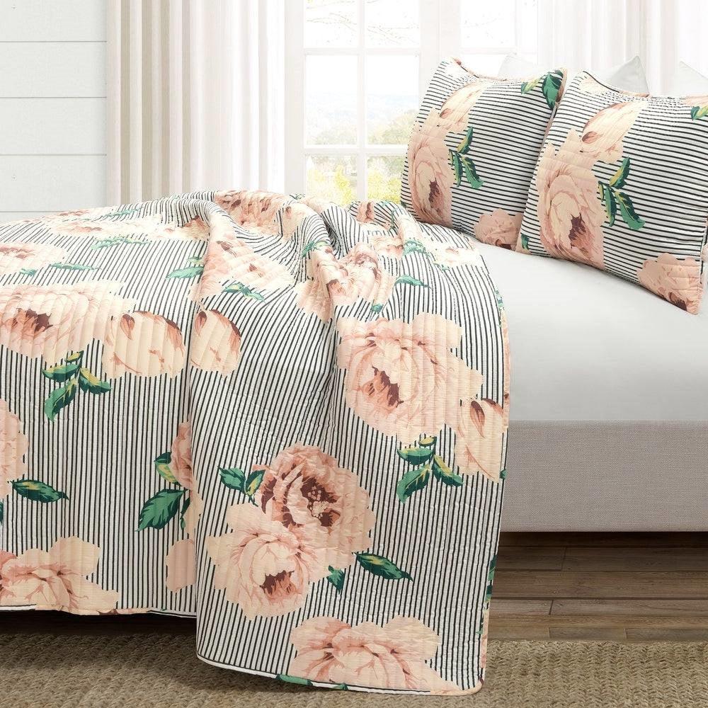 Full/Queen Size Polyester Black White Striped Rose Floral 3 Piece Quilt Set - beddingbag.com