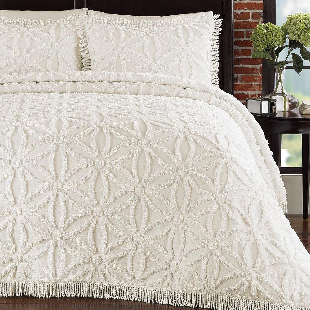 Queen Cotton Chenille Bedspread with Flower of Life Pattern and Fringe Edge in Ivory