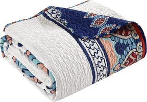Queen size 4 Piece Cotton Blue White Boho Geometric Reversible Quilt Set - beddingbag.com