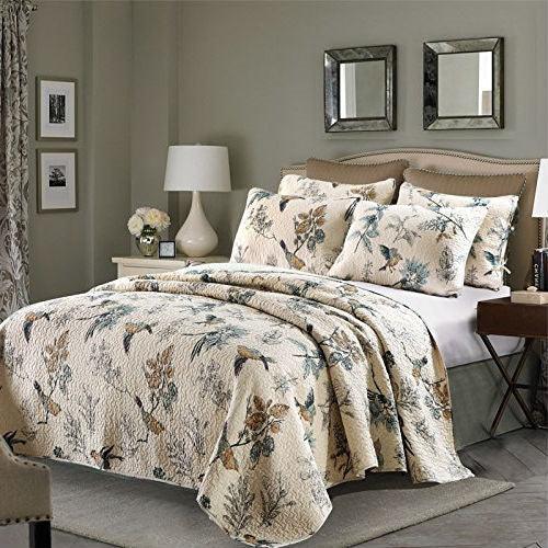 Queen size 3-Piece Quilt Bedspread Set in 100-Percent Cotton with Floral Birds Pattern - beddingbag.com