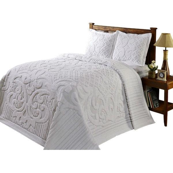 Queen size 100-Percent Cotton Chenille Bedspread in White - beddingbag.com
