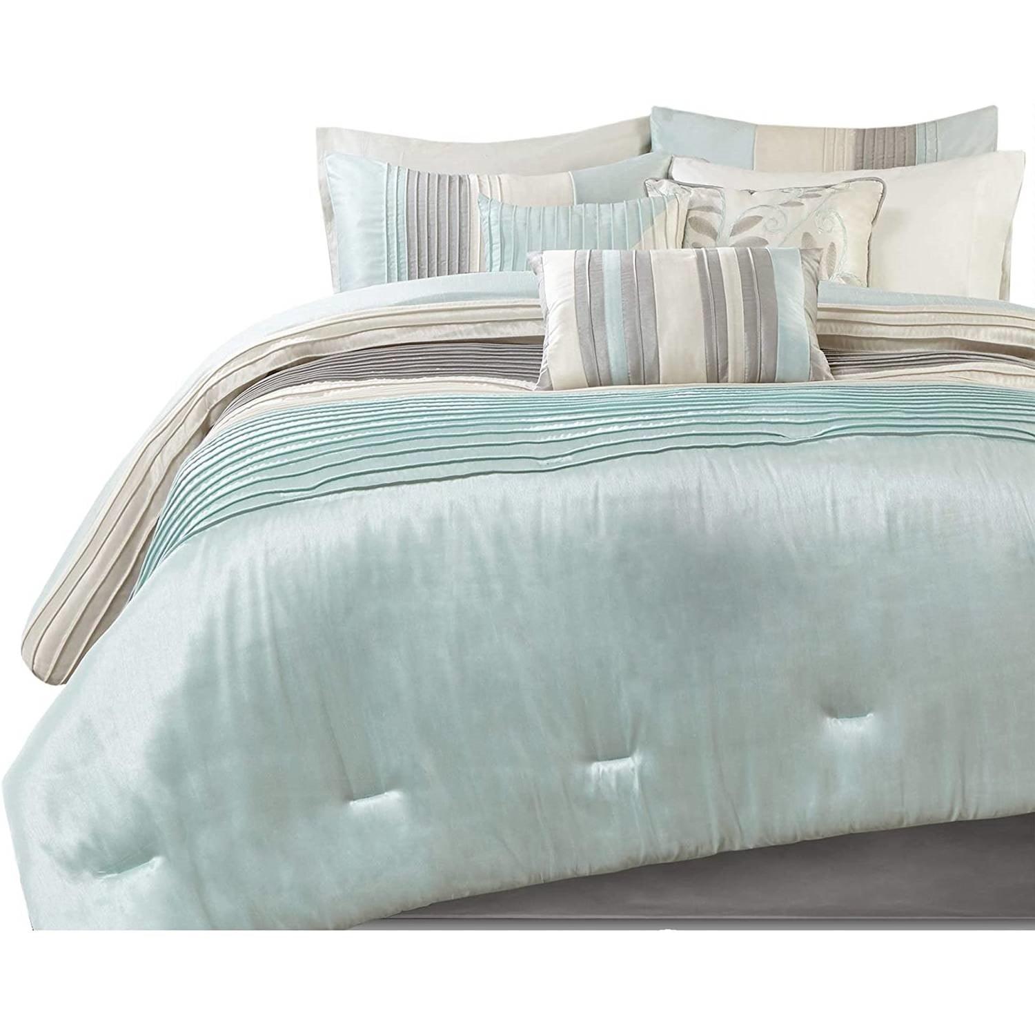 Queen Size 7 Piece Bed In A Bag Comforter Set Faux Silk Blue Stripes - beddingbag.com