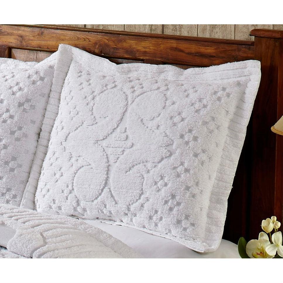 Queen size 3-piece 100-Percent Cotton Chenille Bedspread in White with Shams - beddingbag.com