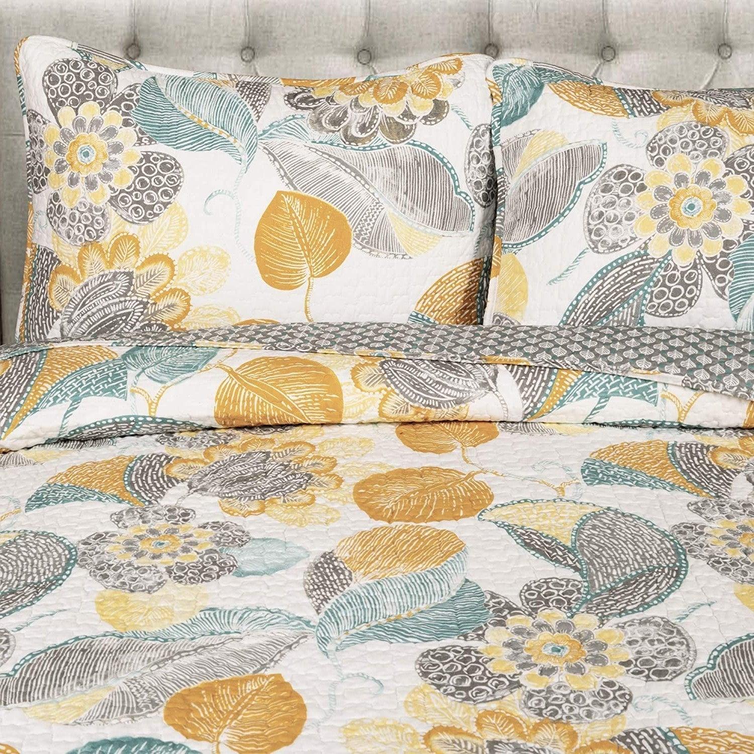 Full/Queen 3 Piece Reversible Yellow Grey Teal Floral Leaves Cotton Quilt Set - beddingbag.com