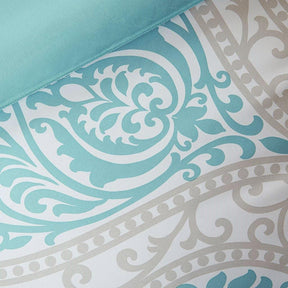 Twin / Twin XL Comforter Set in Light Blue White Grey Damask Pattern - beddingbag.com