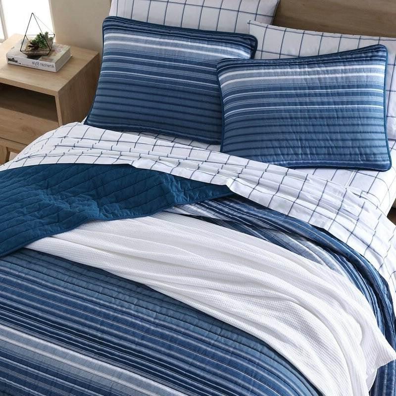 Twin Size Coastal Blue Stripe Reversible Cotton Quilt Set - beddingbag.com