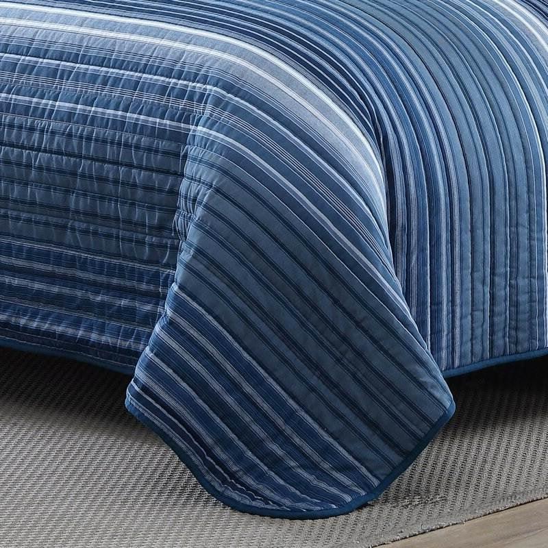 Twin Size Coastal Blue Stripe Reversible Cotton Quilt Set - beddingbag.com