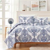 Twin Size Soft Microfiber Reversible Blue/White Baroque Floral Design Quilt Set