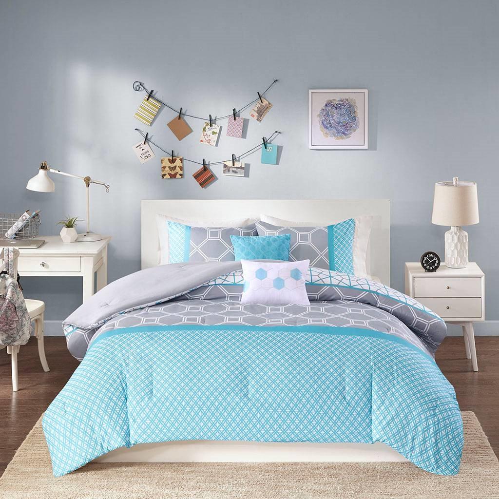 Twin / Twin XL 4-Piece Teal Blue Grey White Geometric Comforter Set - beddingbag.com