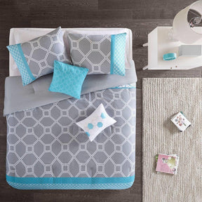 Twin / Twin XL 4-Piece Teal Blue Grey White Geometric Comforter Set - beddingbag.com