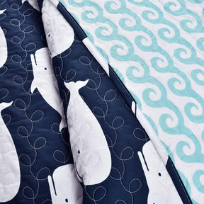 Full/Queen 5 Piece Bed In A Bag Navy Teal Microfiber Waves Whales Quilt Set - beddingbag.com