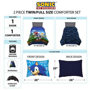 Sonic the Hedgehog Kids Twin/Full Comforter and Sham 2-Piece Set Reversible - Blue - beddingbag.com